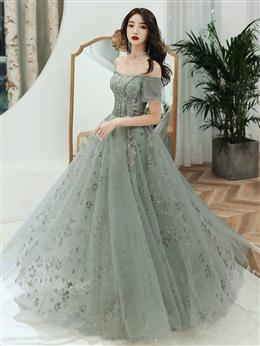 Picture of Pretty Off Shoulder Tulle Sweetheart Lace Long Evening Dresses, A-line Junior Formal Dress